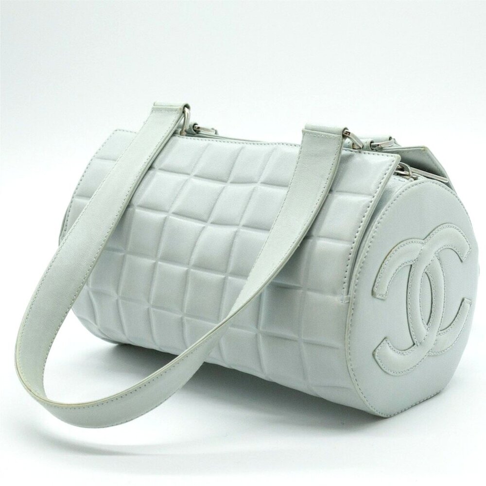 Authentic CHANEL CC Chocolate Bar Quilted Leather Bowler Shoulder Bag Purse Blue